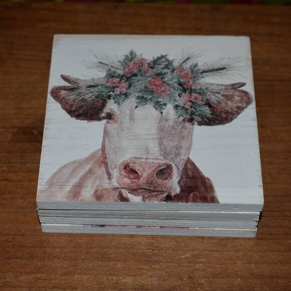 4pc Farmhouse Christmas Winter Holiday Barn Animals Wood Drink Coaster Set - Picture 4 of 10